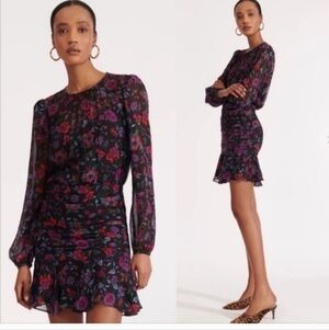 Veronica Beard Robin Silk Black Floral Long-Sleeve Ruffle Mini Dress